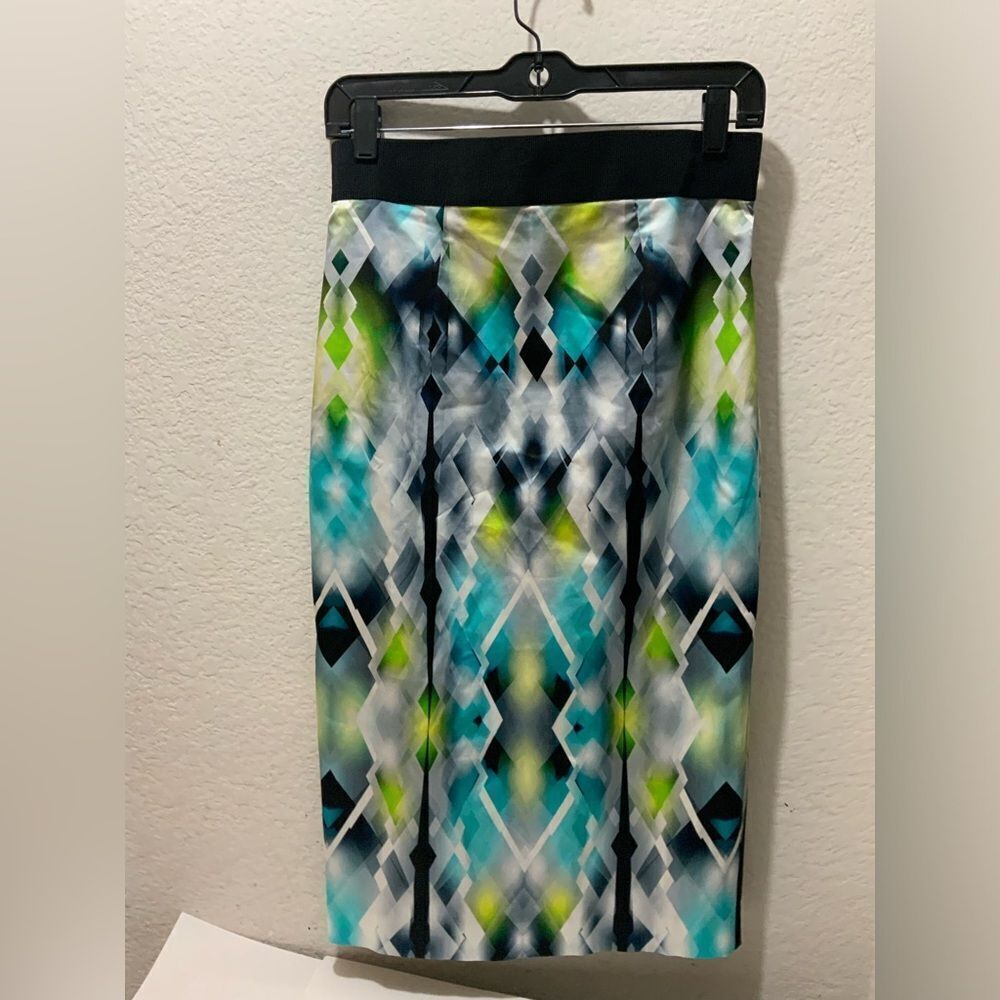 Milly Geometric Print Midi Pencil Skirt White Black Blue Size 6